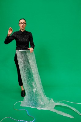 green screen anchor woman and tree podium